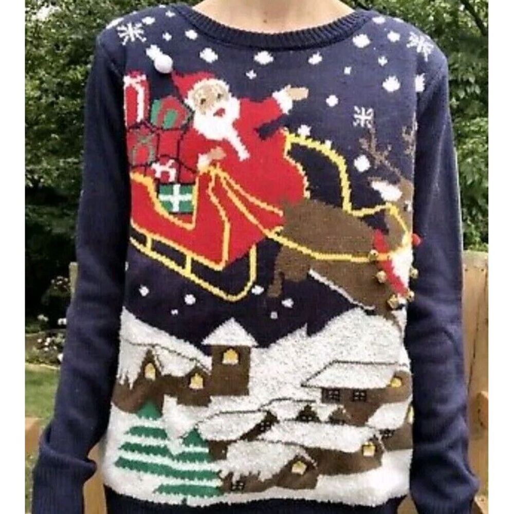 Rue 21 Ugly Christmas Sweater Santa Sleigh With Jingle Bells Sz LG
